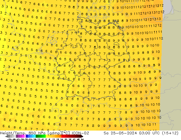 Géop./Temp. 850 hPa ICON-D2 sam 25.05.2024 03 UTC