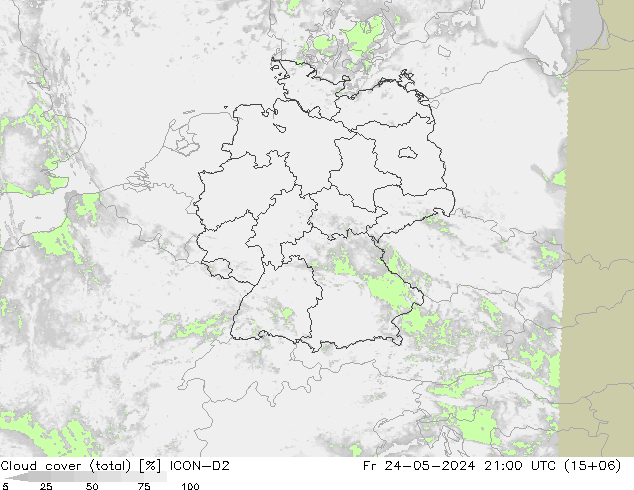 Cloud cover (total) ICON-D2 Fr 24.05.2024 21 UTC