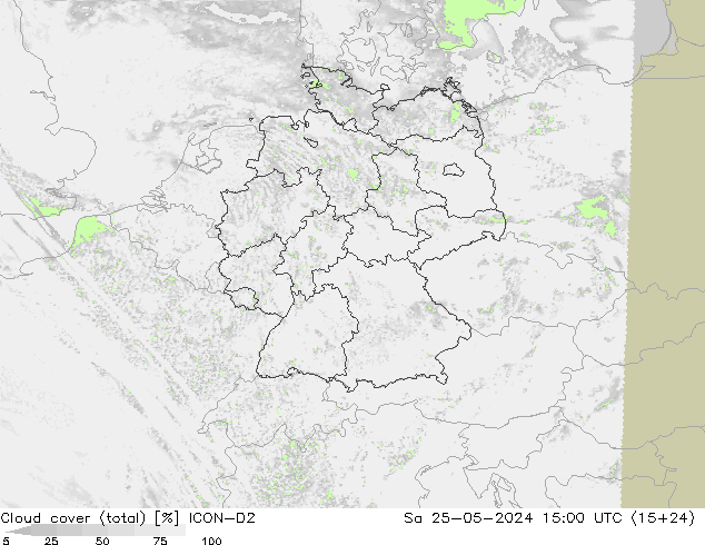 Cloud cover (total) ICON-D2 Sa 25.05.2024 15 UTC