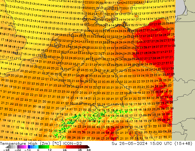 Nejvyšší teplota (2m) ICON-D2 Ne 26.05.2024 15 UTC