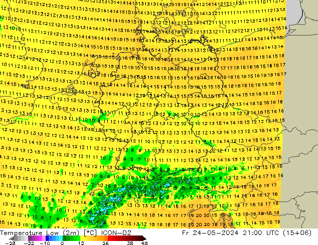 Temperature Low (2m) ICON-D2 Fr 24.05.2024 21 UTC