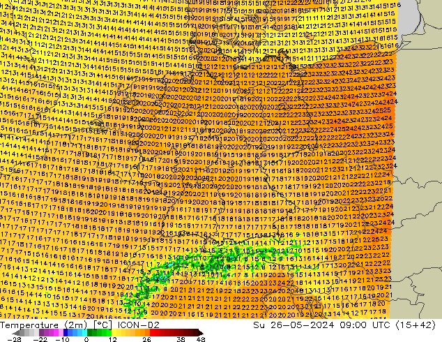 Temperature (2m) ICON-D2 Su 26.05.2024 09 UTC