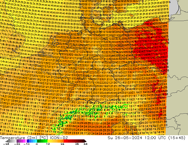 Temperature (2m) ICON-D2 Su 26.05.2024 12 UTC