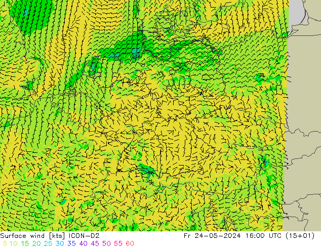 Surface wind ICON-D2 Fr 24.05.2024 16 UTC