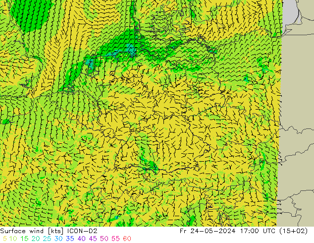 Vento 10 m ICON-D2 ven 24.05.2024 17 UTC