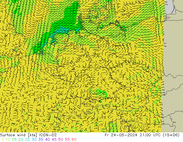 Surface wind ICON-D2 Pá 24.05.2024 21 UTC