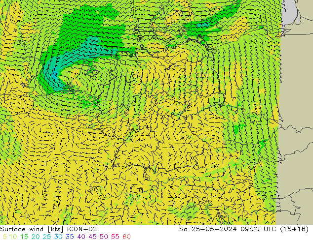 Wind 10 m ICON-D2 za 25.05.2024 09 UTC