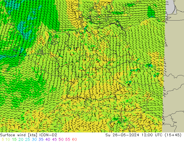 Vento 10 m ICON-D2 dom 26.05.2024 12 UTC