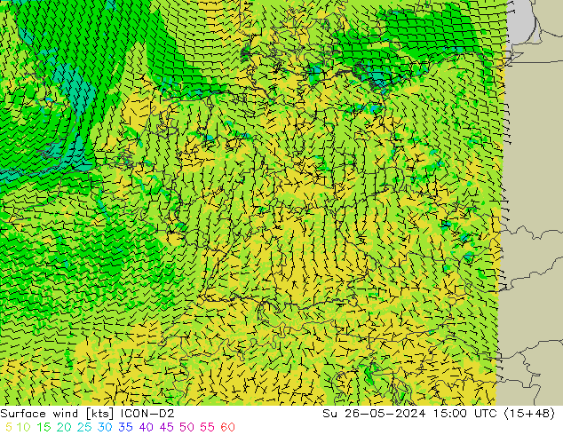 Surface wind ICON-D2 Su 26.05.2024 15 UTC