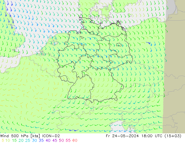 Rüzgar 500 hPa ICON-D2 Cu 24.05.2024 18 UTC