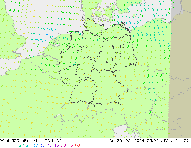 Viento 850 hPa ICON-D2 sáb 25.05.2024 06 UTC