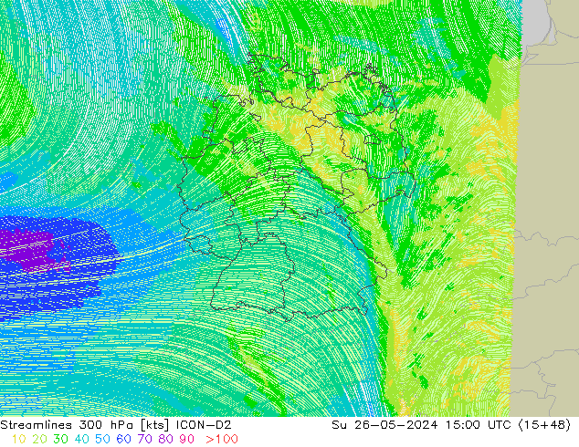 Streamlines 300 hPa ICON-D2 Su 26.05.2024 15 UTC