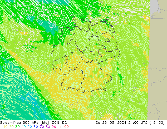 Streamlines 500 hPa ICON-D2 Sa 25.05.2024 21 UTC