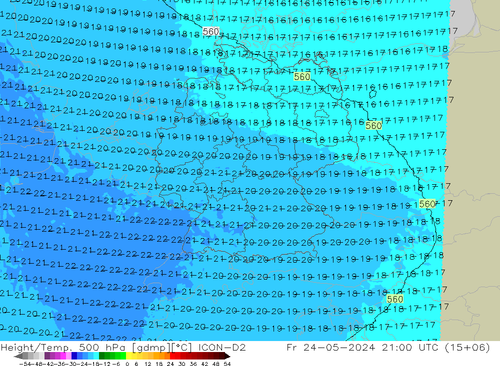 Height/Temp. 500 hPa ICON-D2 pt. 24.05.2024 21 UTC