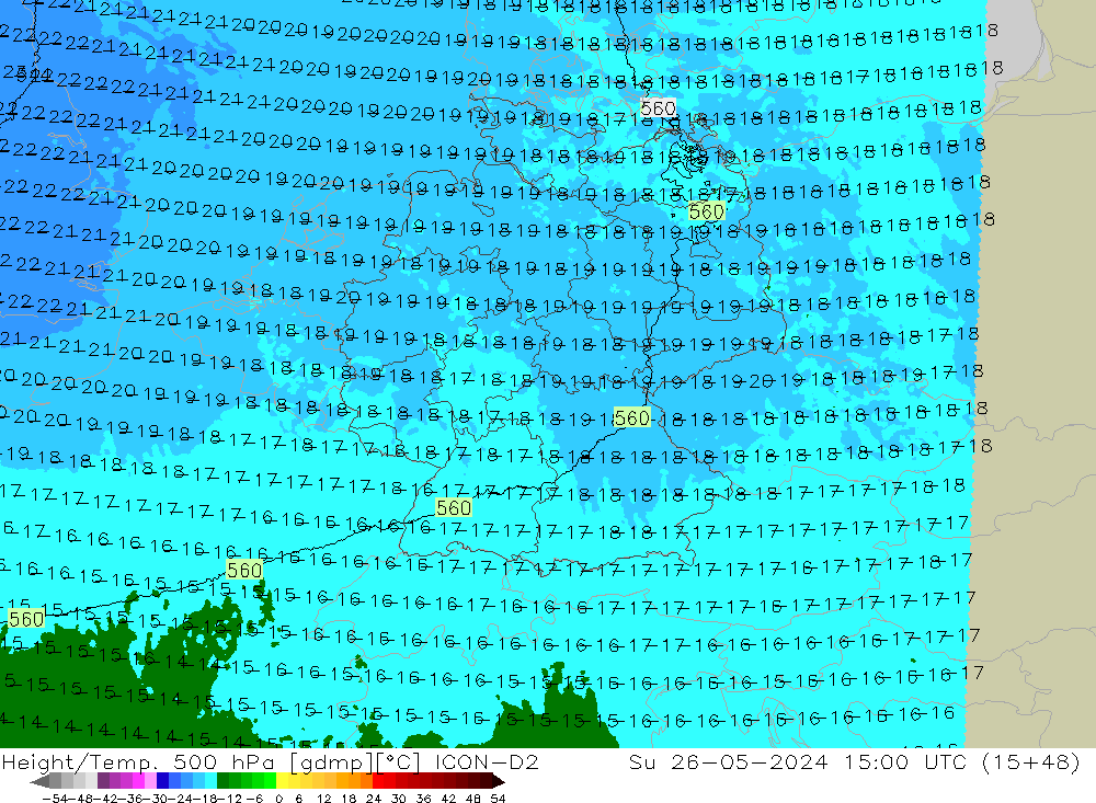 Hoogte/Temp. 500 hPa ICON-D2 zo 26.05.2024 15 UTC