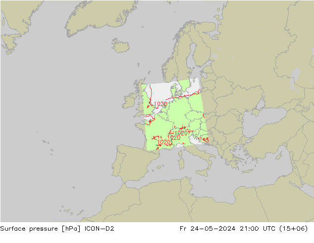 Pressione al suolo ICON-D2 ven 24.05.2024 21 UTC