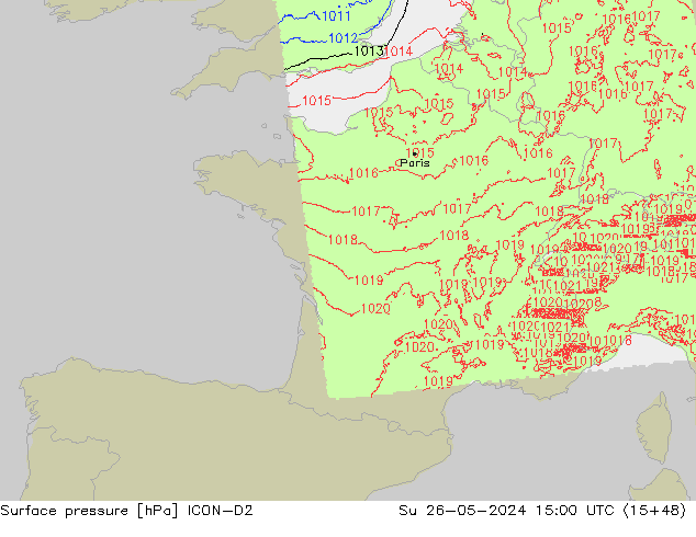 Surface pressure ICON-D2 Su 26.05.2024 15 UTC