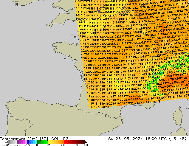 température (2m) ICON-D2 dim 26.05.2024 15 UTC