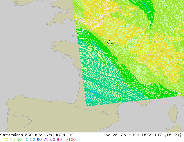 Línea de corriente 500 hPa ICON-D2 sáb 25.05.2024 15 UTC