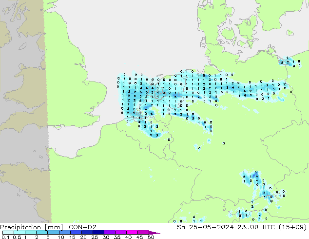 Srážky ICON-D2 So 25.05.2024 00 UTC