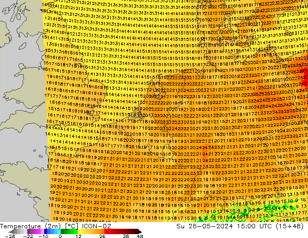 Temperatuurkaart (2m) ICON-D2 zo 26.05.2024 15 UTC