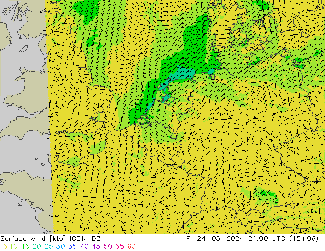 Viento 10 m ICON-D2 vie 24.05.2024 21 UTC