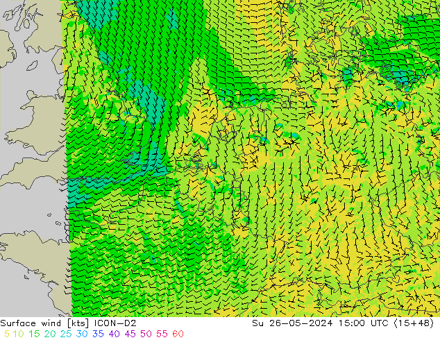 Vento 10 m ICON-D2 Dom 26.05.2024 15 UTC