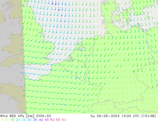 Viento 850 hPa ICON-D2 dom 26.05.2024 15 UTC