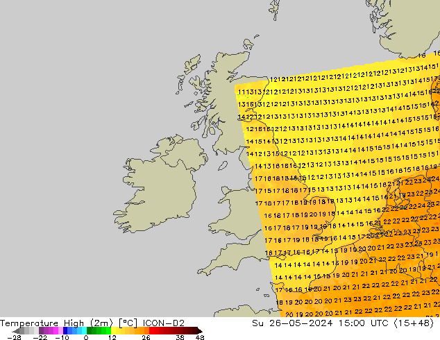 Temperature High (2m) ICON-D2 Su 26.05.2024 15 UTC