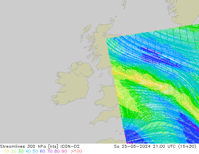 Stroomlijn 300 hPa ICON-D2 za 25.05.2024 21 UTC