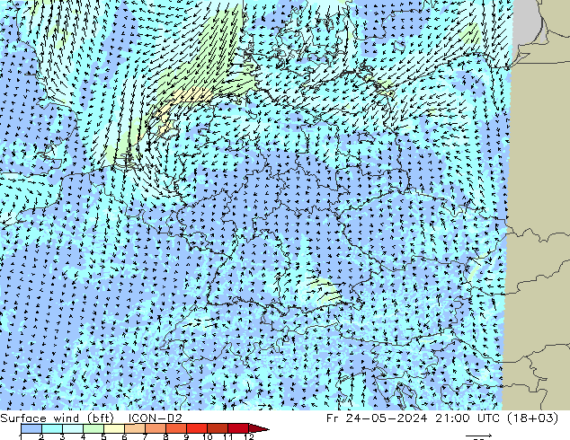 Vento 10 m (bft) ICON-D2 ven 24.05.2024 21 UTC