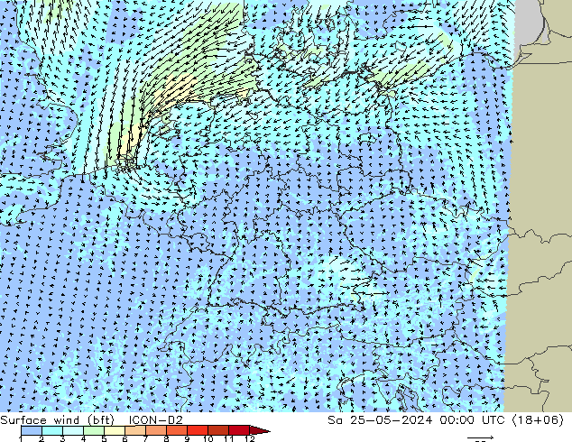Vento 10 m (bft) ICON-D2 sab 25.05.2024 00 UTC