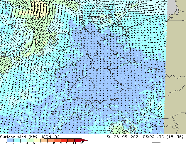 Surface wind (bft) ICON-D2 Su 26.05.2024 06 UTC
