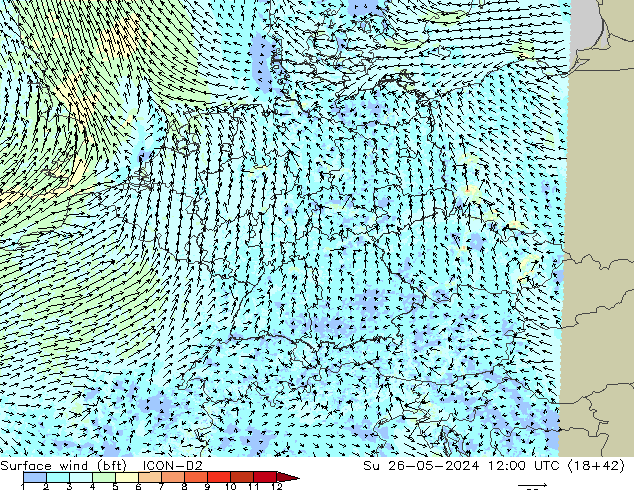 Vent 10 m (bft) ICON-D2 dim 26.05.2024 12 UTC