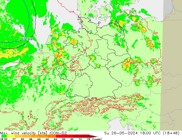 Max. wind velocity ICON-D2 Вс 26.05.2024 18 UTC