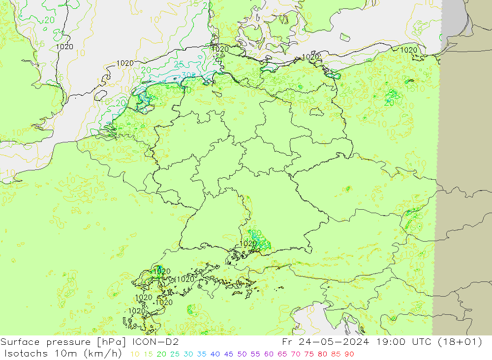 Isotachs (kph) ICON-D2  24.05.2024 19 UTC