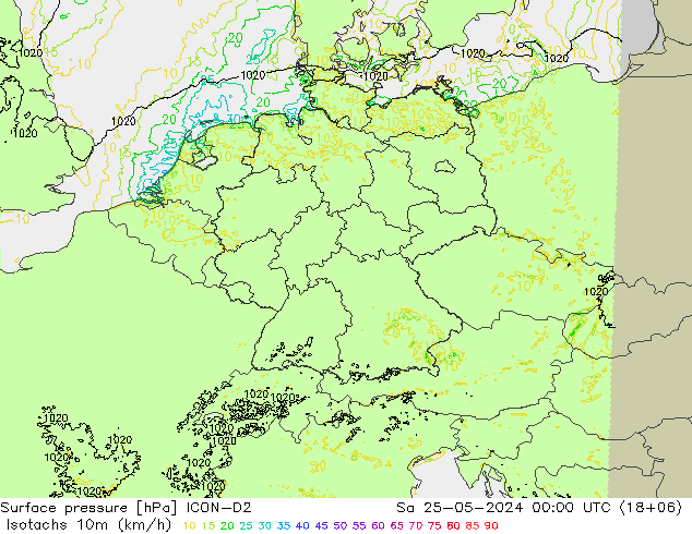 Isotachs (kph) ICON-D2 Sa 25.05.2024 00 UTC