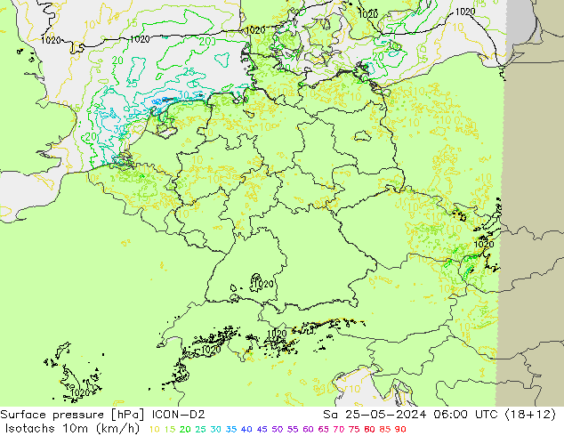 Isotachs (kph) ICON-D2 sam 25.05.2024 06 UTC