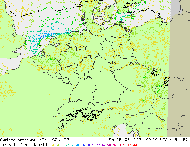 Isotachs (kph) ICON-D2 Sa 25.05.2024 09 UTC