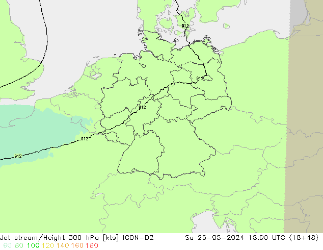 Corriente en chorro ICON-D2 dom 26.05.2024 18 UTC