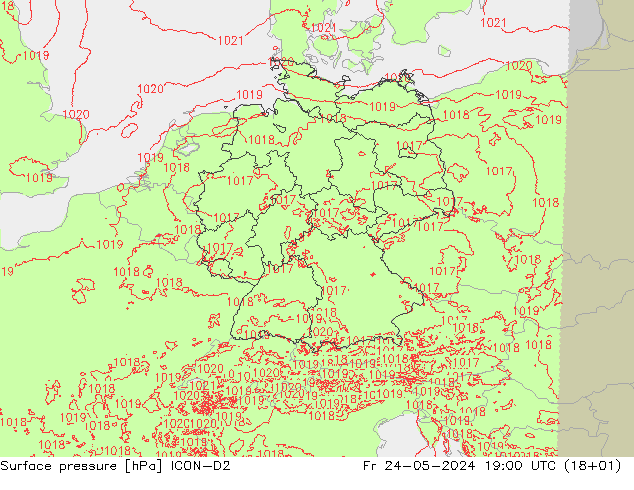 Atmosférický tlak ICON-D2 Pá 24.05.2024 19 UTC