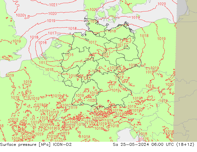 Presión superficial ICON-D2 sáb 25.05.2024 06 UTC