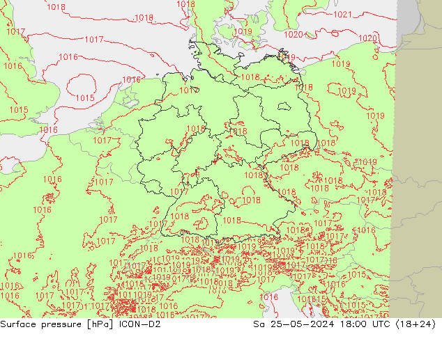 Pressione al suolo ICON-D2 sab 25.05.2024 18 UTC