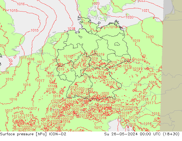 Pressione al suolo ICON-D2 dom 26.05.2024 00 UTC