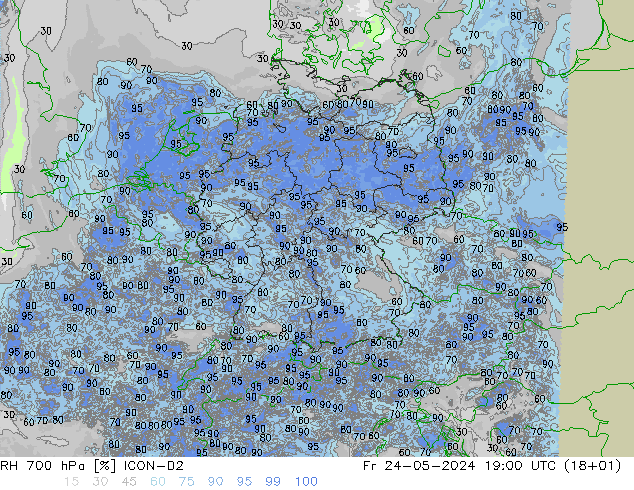 RH 700 hPa ICON-D2 星期五 24.05.2024 19 UTC