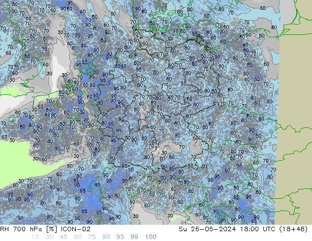 RH 700 hPa ICON-D2 Su 26.05.2024 18 UTC