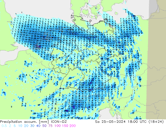 Précipitation accum. ICON-D2 sam 25.05.2024 18 UTC