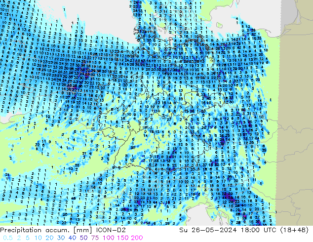 Precipitation accum. ICON-D2 Ne 26.05.2024 18 UTC