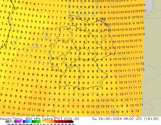 Yükseklik/Sıc. 850 hPa ICON-D2 Paz 26.05.2024 06 UTC