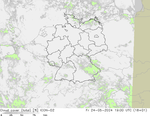 Cloud cover (total) ICON-D2 Pá 24.05.2024 19 UTC